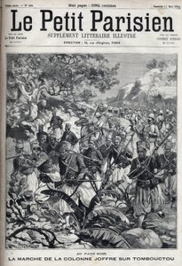 In den französischen Kolonien: der Marsch der Kolonne von General Joseph Joffre (1852-1931) und seiner Armee von Spahis auf Timbuktu (Mali). Gravur in „Le Parisien“ von Unknown artist