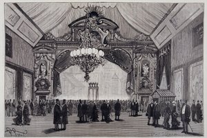 Glühbeleuchtung auf der Elektrizitätsausstellung: der Werdermann-Kronleuchter im Theatersaal - in „Nature“ von Unknown artist
