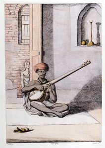 Indische Kultur und Zivilisation: Musiker spielt die Sitar, traditionelles Musikinstrument, Indien. Gravur 1808 von Unknown artist
