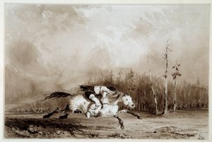 Indianer Amerikas: Ein galoppierendes Pferd, das einen gefesselten Mann trägt von Unknown artist