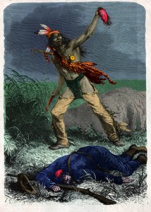 Indianer skalpiert einen Soldaten (Illustration, ca. 1900)