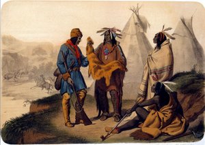 Indianer Amerikas: Ein Fallensteller handelt mit Rothäuten, sie tauschen Käferhäute, einer der Indianer raucht eine Pfeife. Lithographie aus dem 19. Jahrhundert