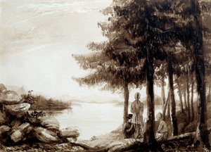 Indianer an den Ufern eines Sees. Lithografie aus dem 19. Jahrhundert. La Rochelle, Musee Du Nouveau Monde