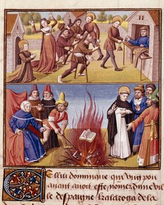 Inquisition: Autodafé unter Vorsitz von Saint Dominique de Guzman (1170-1221), Gründer des Dominikanerordens. Miniatur in „Le miroir historial“ (Speculum Historiale) (ms. 1196, fol. 372)