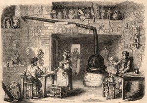 Im Inneren des Kabaretts Le Lapin Blanc (Weißes Kaninchen), Rue aux Fèves in Paris vor seinem Abriss. Eine Taverne aus der Zeit der Monarchie. Gravur in „Le Monde illustrious“ von 1862. Privatsammlung.