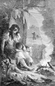 Innenansicht einer prähistorischen Hütte. Gravur aus dem 19. Jahrhundert von Unknown artist