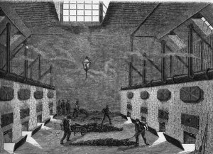Innenansicht einer Gasfabrik. Gravur von 1860-1861.