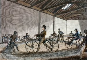 Innere Ansicht des Reitplatzes für Steckenpferde. Mann fährt Fahrräder (pedalfreie Fahrräder, erfunden von Baron Karl Drais). von Unknown artist
