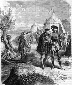 Interview zwischen König Ludwig XI. und dem Grafen von Charolais (Karl der Kühne, Herzog von Burgund (1433-1477) im September 1465. Gravur des 19. Jahrhunderts. von Unknown artist