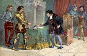 Interview von Ludwig XI. (1423-1483), König von Frankreich, und Karl dem Kühnen, Herzog von Burgund, in Péronne im Oktober 1468. Liebig-Chromolithographie des 19. Jahrhunderts von Unknown artist