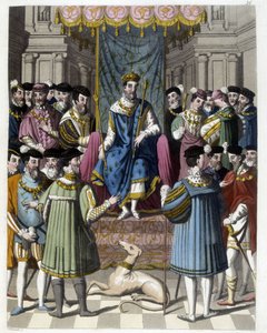 Interview mit Franz I. (1494 - 1547) und Heinrich VIII. (1491 - 1547) von England. Gravur des 19. Jahrhunderts.