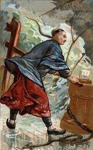 Erfindung des chinesischen Kompasses: Chinesischer Navigator benutzt den Kompass auf seinem Boot. Der erste Einsatz des Kompasses als Navigationsinstrument auf chinesischen Schiffen datiert aus dem Ende des 10. Jahrhunderts. Chromolithographie des 19. Jahr von Unknown artist