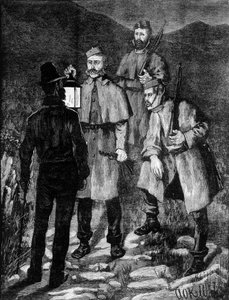 Irische Polizeistreife kontrolliert einen Verdächtigen (1881).