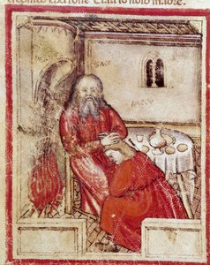 Isaak nach dem Verzehr des Zickleins, das sein Sohn Jakob gebracht hat, im Glauben, es sei Esau. Miniatur aus Codex 212 (oder Padovano Codice oder Bibel von Padua) 1390-1400