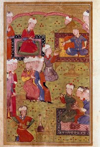 Islamische Kunst: Bankett in Anwesenheit des Sultans mit Musikern. Miniatur aus einem Manuskript des 16. Jahrhunderts