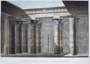 Insel Philae: Farbige Innenansicht, unter dem Portikus des Großen Tempels - in „Beschreibung von Ägypten“, Kaiserliche Ausgaben