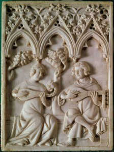 Elfenbeintafel, die zwei Musiker darstellt. 14. Jahrhundert. Paris, Nationalmuseum des Mittelalters, Thermes de Cluny