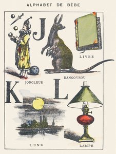 J K L: Jongleur, Känguru, Buch, Mond, Lampe