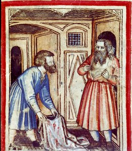 Jakob erfährt vom Tod seines Sohnes Joseph, der von seinen Brüdern an die Ägypter verkauft wurde. Miniatur aus Codex 212 (oder Padovano Codice oder Bibel von Padua) 1390-1400