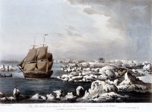 James Cooks Reisen: das Boot der Resolution im Vordergrund und die Discovery im Hintergrund im Eis gefangen - in "Captain Cooks letzte Reise", Bd. III von Unknown artist