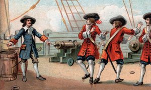 Jean Bart (1650-1702), französischer Marinekommandant und Freibeuter, droht sein Schiff in die Luft zu sprengen - Der Freibeuter Jean Bart (1650-1702) droht einem englischen Freibeuter, der ihn gefangen genommen hat, indem er droht, sein Schiff in die Luft von Unknown artist