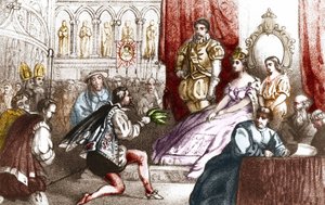 Jean Nicot präsentiert die Tabakpflanze Catherine de Medicis und dem Großprior des Hauses Lothringen. 16. Jahrhundert. Gravur aus dem 19. Jahrhundert von Unknown artist