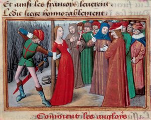 Johanna von Orléans (1412-1431), installiert auf dem Scheiterhaufen. Miniatur aus dem Manuskript „Vigilles du roi Charles VII“ von Martial d