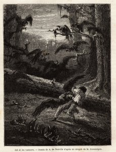 Job (Reisebegleiter des Redakteurs), von Geiern angegriffen. Gravur zur Illustration der Geschichte „Quatre mois en Florida“, von M. Pousselgue, 1851-1852, veröffentlicht in „Le tour du monde“, unter der Leitung von Edouard Charton, Hachette, Paris 1869