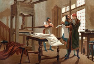 Johannes Gutenberg (1400-1468), deutscher Drucker, druckt das erste Blatt der Bibel. nach „Hombres y Mujeres celebres“. Barcelona 1877