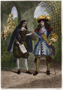 Jean-Baptiste Colbert (1619-1683) mit Ludwig XIV., König von Frankreich und Navarra (1638-1715). Gravur aus dem 19. Jahrhundert. Private Sammlung.