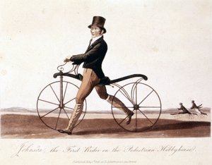 Johnson auf einem Fahrrad. Dies ist das Modell, das von Baron von Drais erfunden wurde: die Draisienne. Es war aus Holz und hatte noch keine Pedale. von Unknown artist