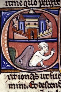 Jona, nach drei Tagen und drei Nächten im Bauch eines riesigen Fisches, wird von dem Tier ausgespuckt. Manuskript aus dem 14. Jahrhundert. Biblioteca nazionale braidense, Mailand. von Unknown artist