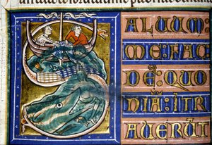 Jona wird ins Meer geworfen und von einem riesigen Fisch verschlungen. Manuskript aus dem 14. Jahrhundert. Stadtbibliothek von Vercelli von Unknown artist