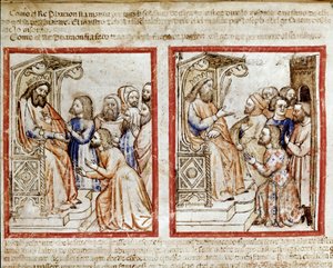 Joseph und seine Brüder sprechen den Pharao an, die Brüder verlassen ihn, nachdem sie Joseph als Sklaven verkauft haben