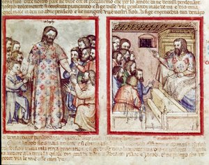 Joseph, schwer krank im Alter von 110 Jahren, vergibt seinen Brüdern, die sich vor ihm niederwerfen. Miniatur aus Codex 212 (oder Padovano Codice oder Bibel von Padua) 1390-1400