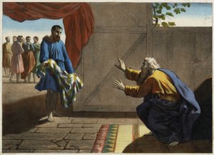 Josephs blutiges Gewand wird Jakob präsentiert. Josephs eifersüchtige Brüder, die ihn nicht töten wollten, lassen ihren Vater Jakob glauben, er sei tot, indem sie Josephs mit Schafblut bedecktes Gewand präsentieren. Anonyme Gravur aus der Mitte des 19. Jah