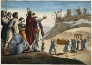 Josua vor der Stadt Jericho (die erste Stadt, die Josua und die Juden während der Eroberung des Gelobten Landes einnahmen). Die Mauern stürzen zum Klang der Trompeten ein. Anonyme Gravur des 19. Jahrhunderts von Unknown artist