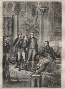 Reise (1798) von Frederic Conrad (Konrad) Hornemann (1772-1801) nach Fezzan (Libyen): Hornemann wird von Bonaparte in Kairo (Ägypten) empfangen - Illustration aus „Die großen Seefahrer des 18. Jahrhunderts“ von Unknown artist
