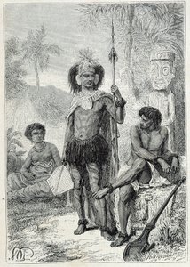 Reise von Kapitän James Cook (1728-1779): Eingeborene der Marquesas-Inseln - Illustration aus „Die großen Seefahrer des 18. Jahrhunderts“