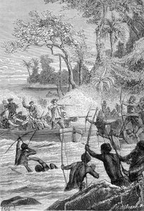 Reise von Carteret zu den Inseln von Santa Cruz: Angriff der Eingeborenen mit Pfeilen von Unknown artist