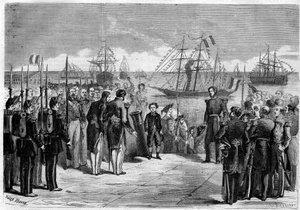 Reise Seiner Majestät des kaiserlichen Prinzen Napoleon Eugène Louis Jean Joseph Bonaparte (1856-1879), Sohn von Napoleon III., nach Cherbourg, Frankreich: der Prinz an Bord der Yacht „Queen Hortense“. Stich in „L