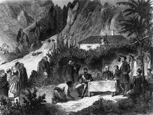 Reise von Napoleon III., Kaiser der Franzosen, nach Algerien. September 1860. Napoleon III. Mittagessen an der Affenschlucht empfängt Barka. Gravur von 1865. von Unknown artist