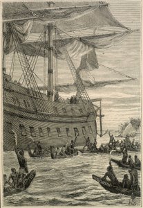 Reise von Samuel Wallis (1728-1795) nach Polynesien: Eingeborene halten Bananenzweige als Willkommensgruß - Illustration aus „Die großen Seefahrer des 18. Jahrhunderts“