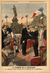 Jules Dalou (1838-1902) Bildhauer, dekoriert die Ehrenlegion durch den Präsidenten der Republik Emile Loubet (1838-1929), anlässlich der Einweihung der Statue "Der Triumph der Republik" auf der Place de la Nation in Paris. Gravur in "Le petit journal" von Unknown artist