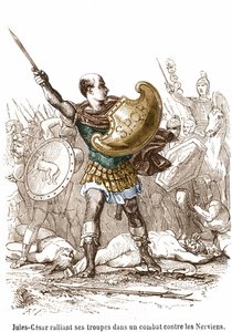 Julius Caesar ruft seine Truppen im Kampf gegen die Nervier zusammen - Gravur von Unknown artist