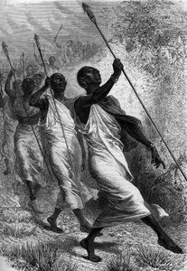 Kabba Righe (Kabba-Righe), König von Ounyoro (in Afrika), und sein Gefolge. Gravur in „Le Journal de la jeunesse“
