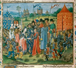 König Karl VI. übergibt seine Tochter Isabella von Frankreich an Richard II., König von England, vor der Versammlung der französischen und englischen Lords, Miniatur aus den Chroniken von Jean Froissart