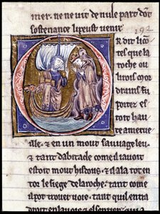 König Modreius. Manuskript: Eroberung des Heiligen Grals, geschrieben 717 Jahre nach der Passion unseres Herrn. Bibliothèque municipale de Rennes, ms. 255 (Sammlung von Romanen der Tafelrunde); Paris