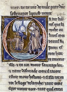 König Modreius. Manuskript: Eroberung des Heiligen Grals, geschrieben 717 Jahre nach der Passion unseres Herrn. Bibliothèque municipale de Rennes, ms. 255 (Sammlung von Romanen der Tafelrunde); Paris