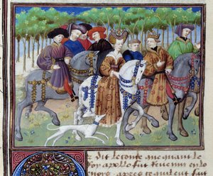 König und Königin auf der Jagd (Philipp VI. von Valois und Blanche von Navarra (?)) Miniatur aus „Le livre de la chasse“ von Gaston III Phoebus, Graf von Foix, Herr von Béarn (1331-1391)